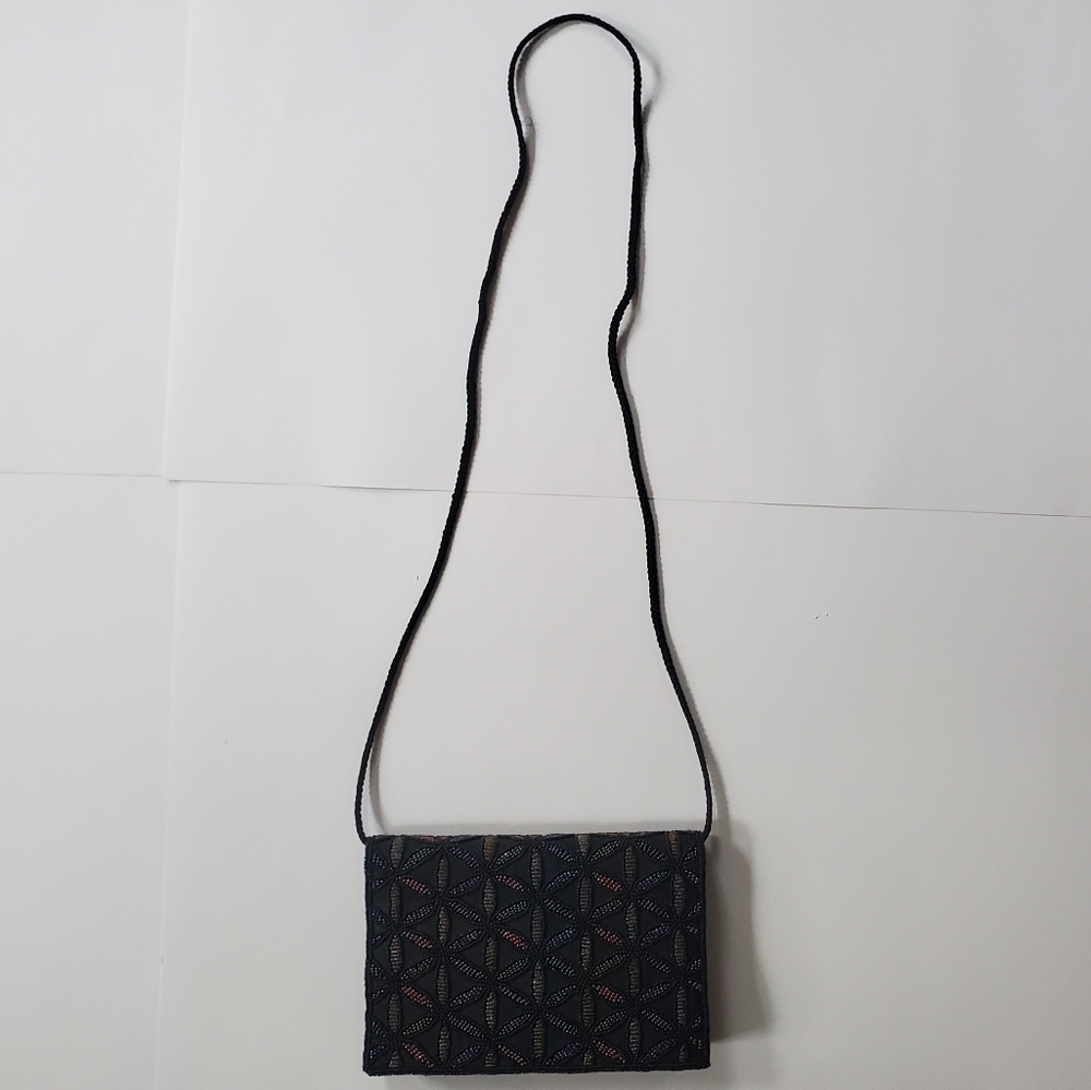 Beaded Geometric Pattern Dressy Purse Evening Bag Black and Jewel Tones. - Picture 8 of 10